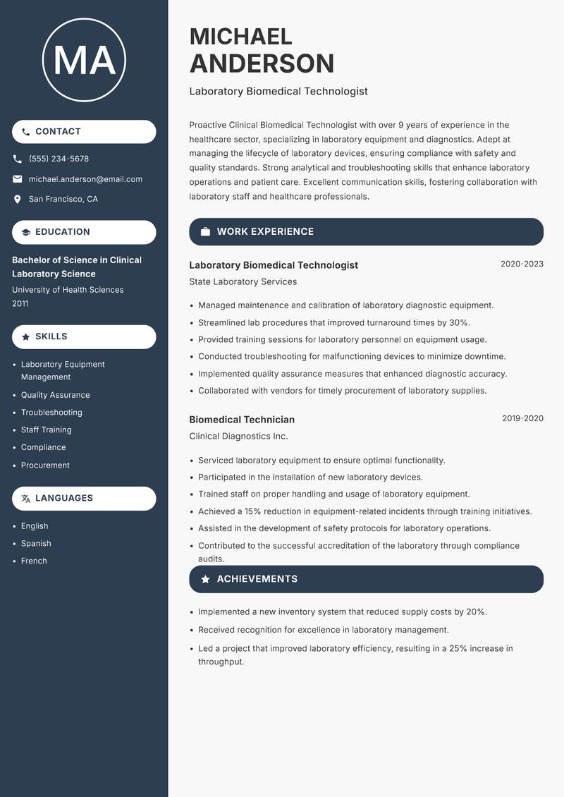 Clinical Biomedical Technologist resume template — Compact