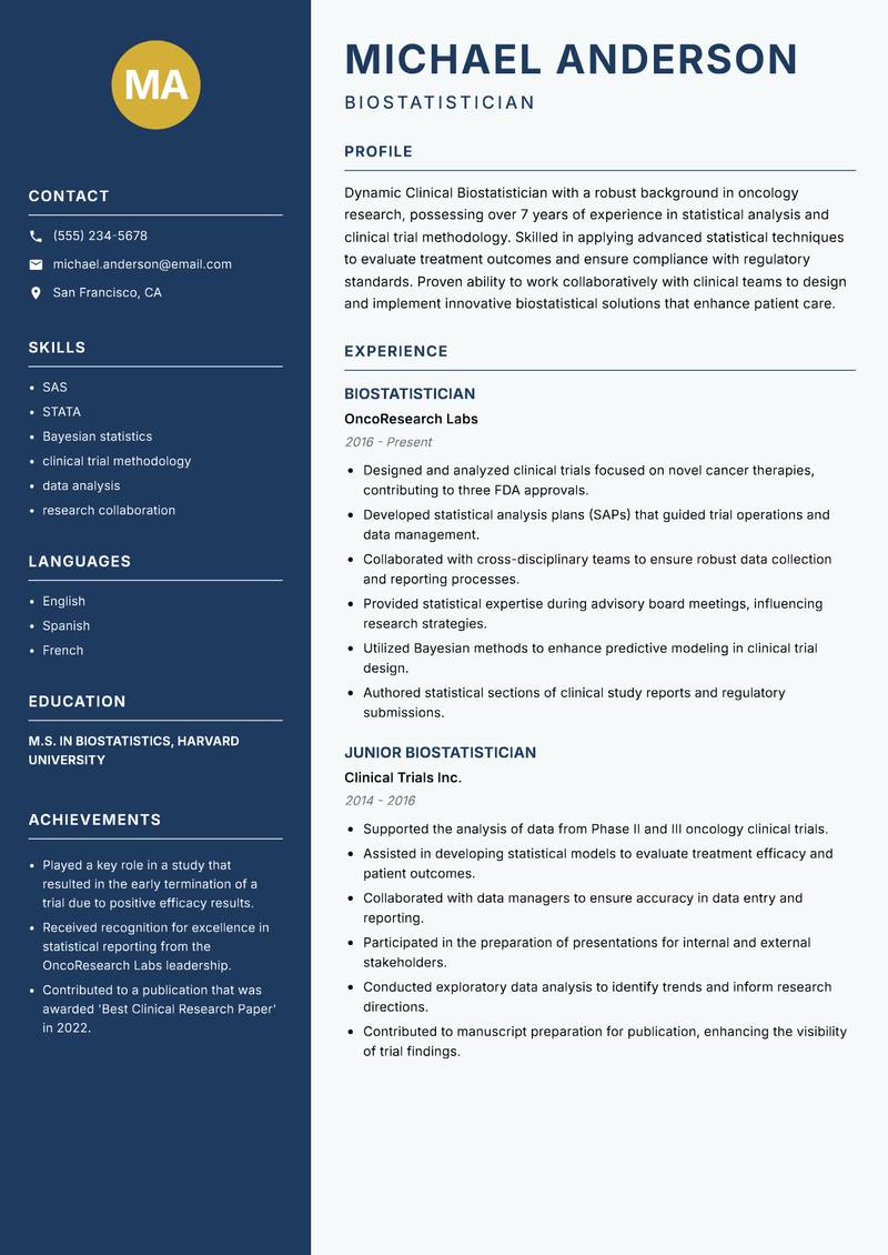 Clinical Biostatistician resume template — Classic Clean