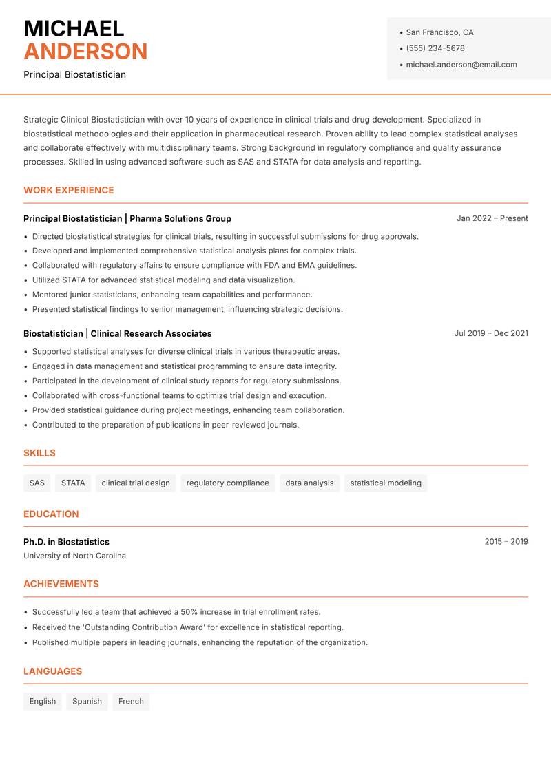 Clinical Biostatistician resume template — Modern Professional