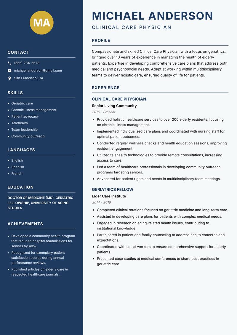 Clinical Care Physician resume template — Classic Clean