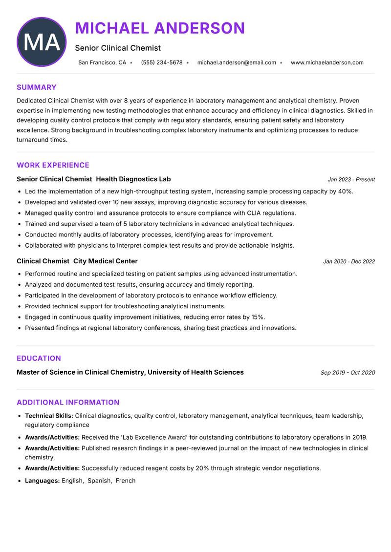 Clinical Chemist resume example — ATS-friendly template