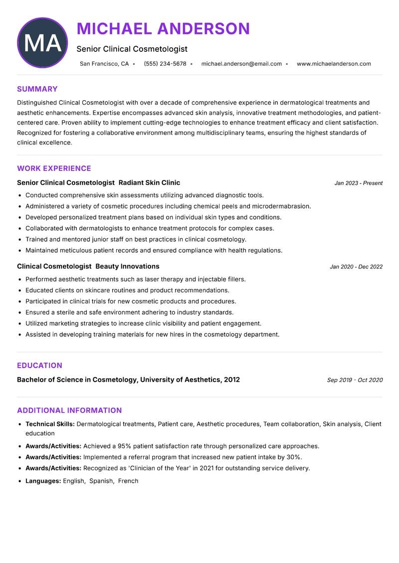 Clinical Cosmetologist resume example — ATS-friendly template