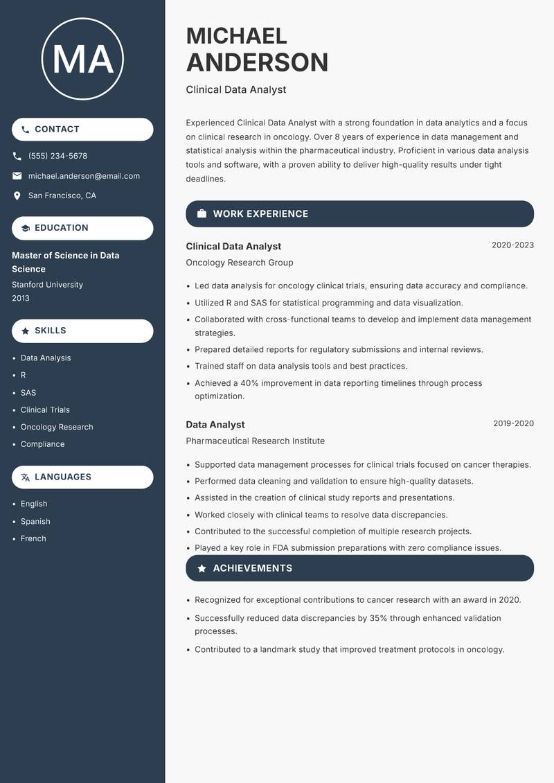 Clinical Data Analyst resume template — Compact