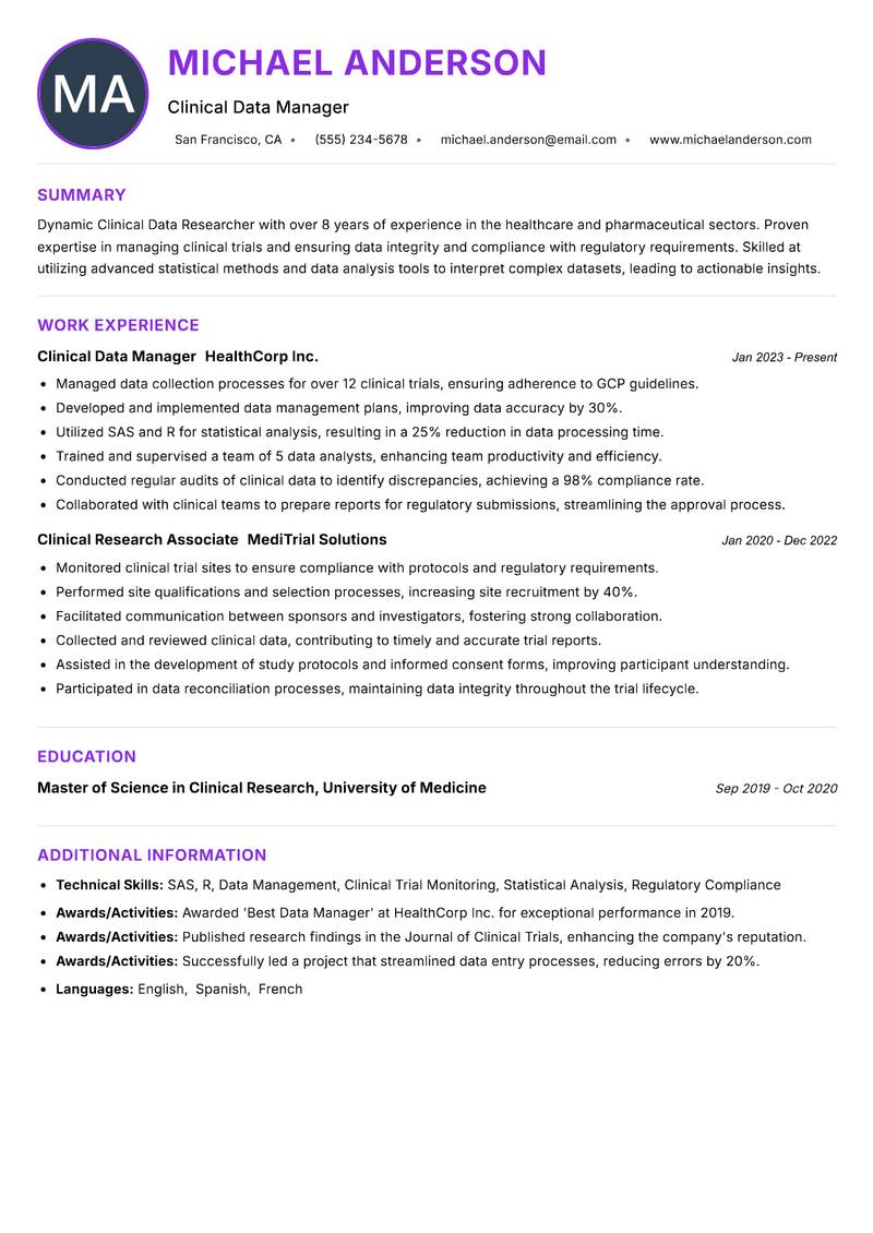 Clinical Data Researcher resume example — ATS-friendly template