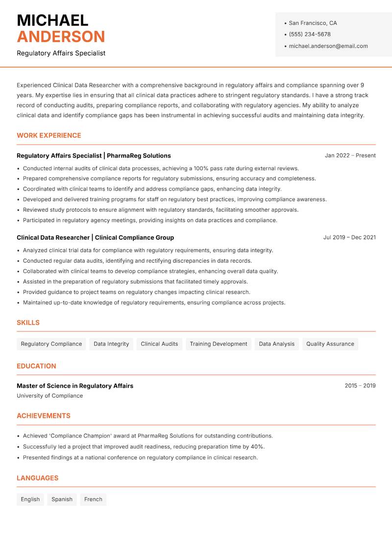 Clinical Data Researcher resume template — Modern Professional