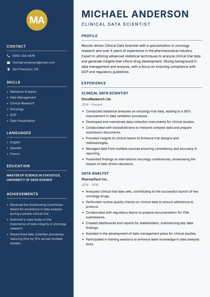 Clinical Data Scientist resume template — Classic Clean