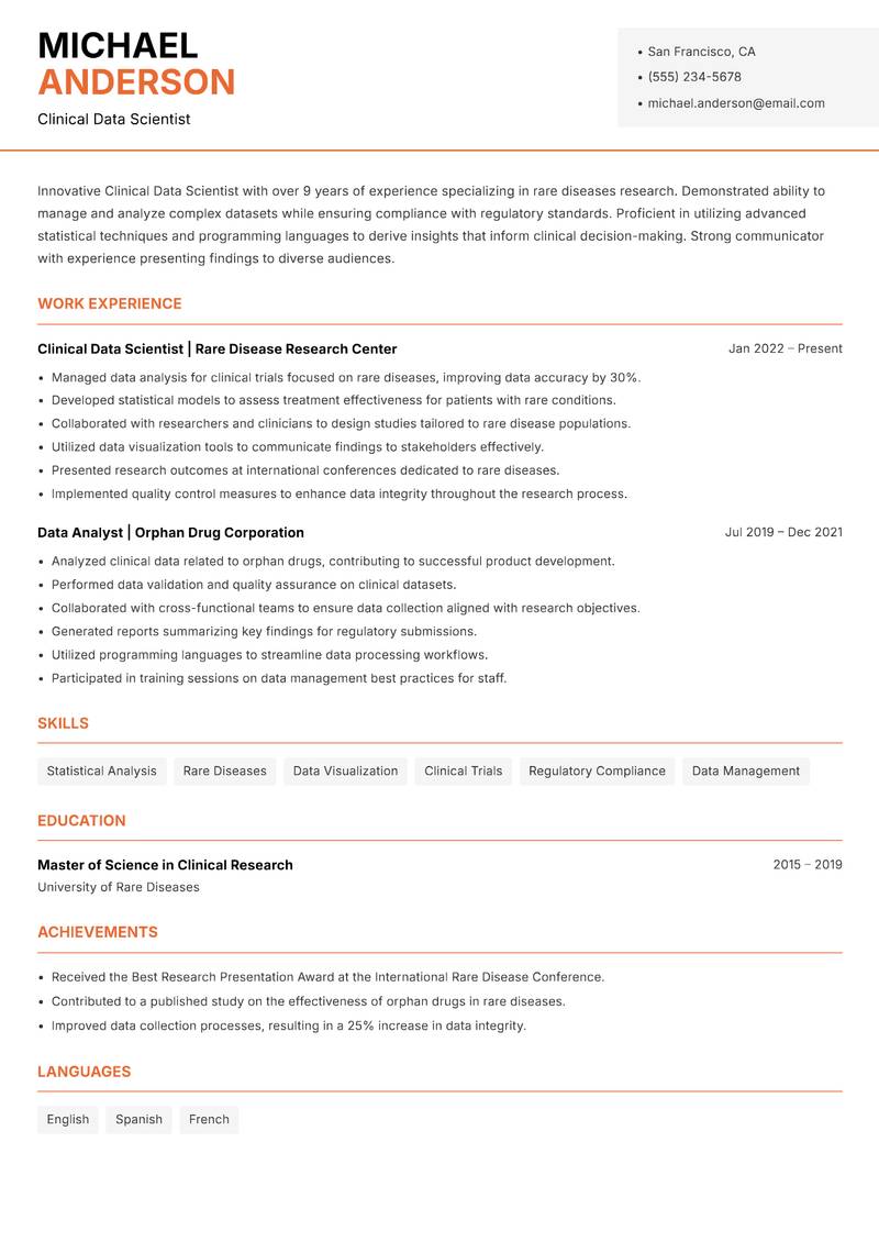 Clinical Data Scientist resume template — Modern Professional