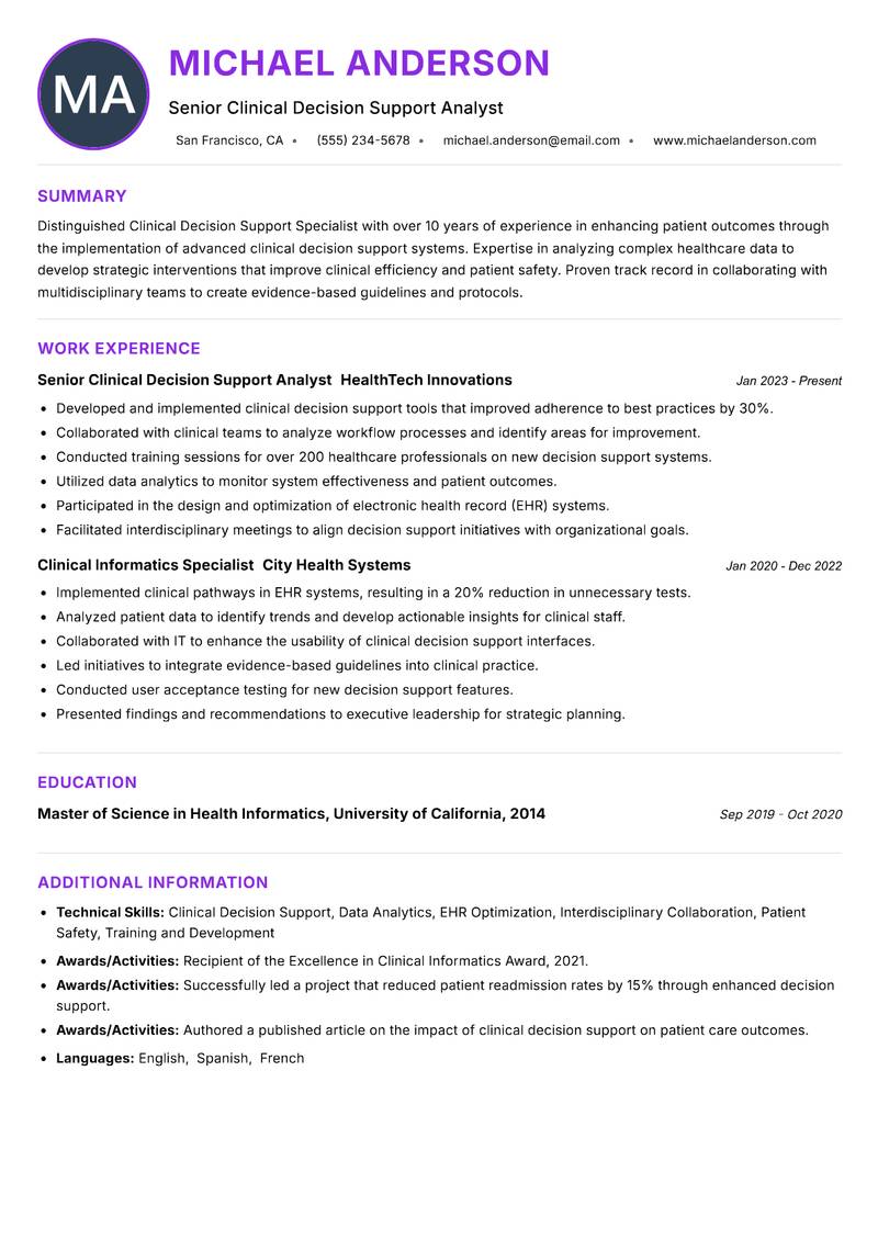 Clinical Decision Support Specialist resume example — ATS-friendly template