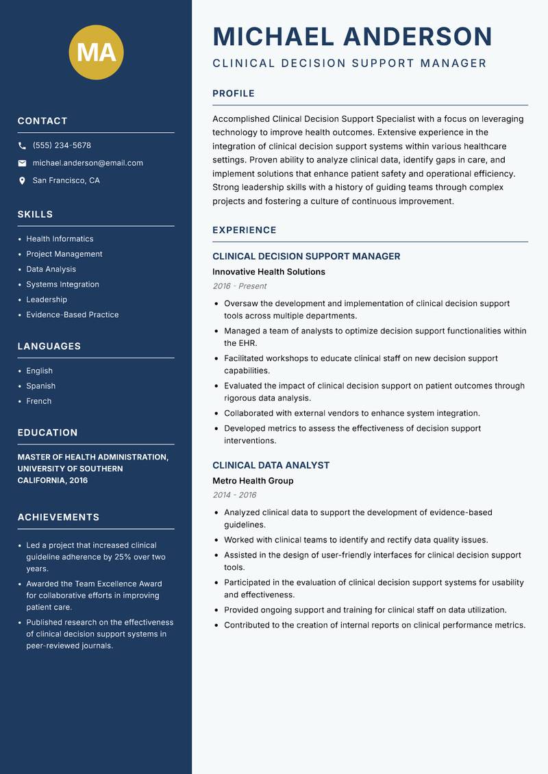 Clinical Decision Support Specialist resume template — Classic Clean