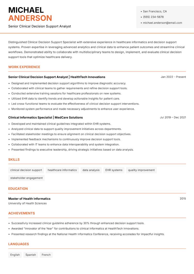Clinical Decision Support Specialist resume template — Modern Professional