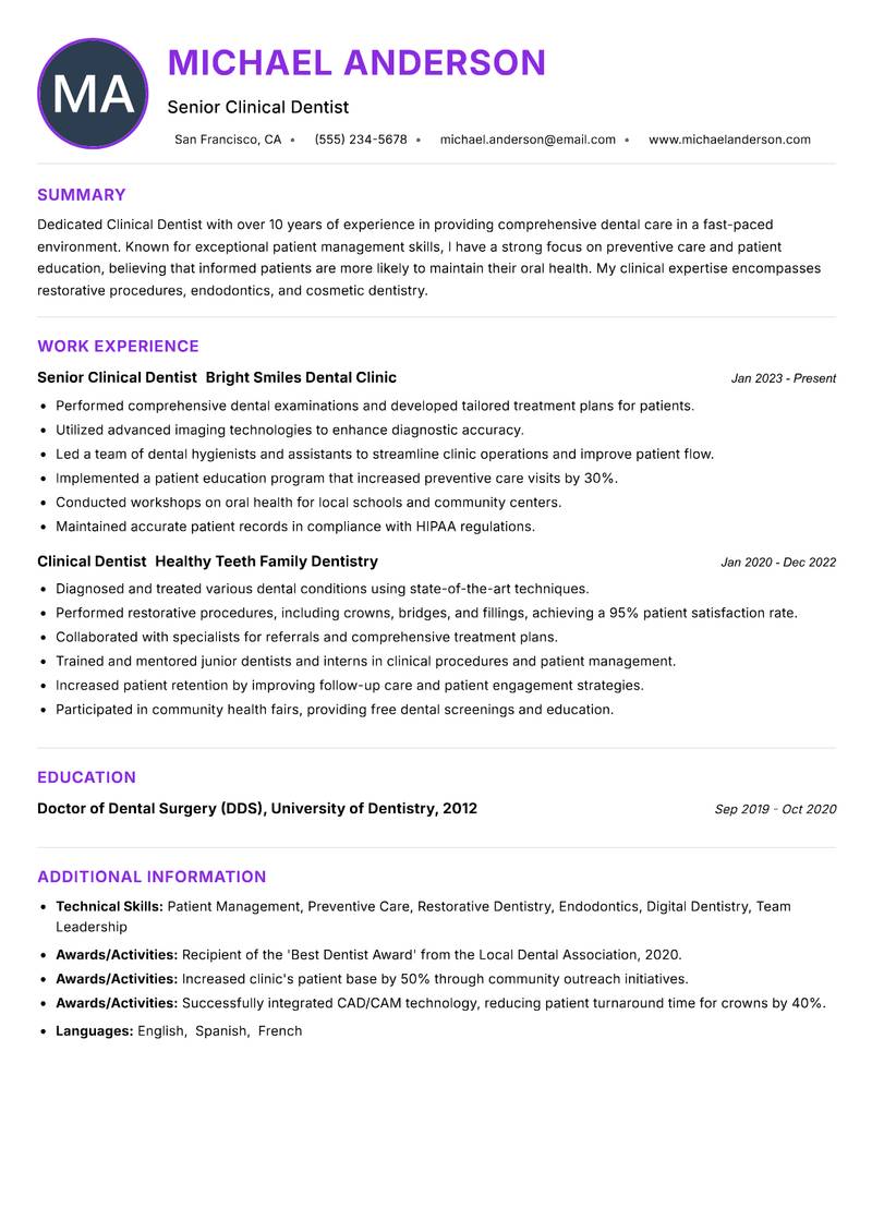 Clinical Dentist resume example — ATS-friendly template