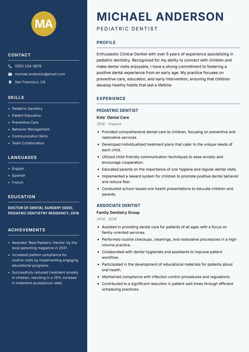 Clinical Dentist resume template — Classic Clean