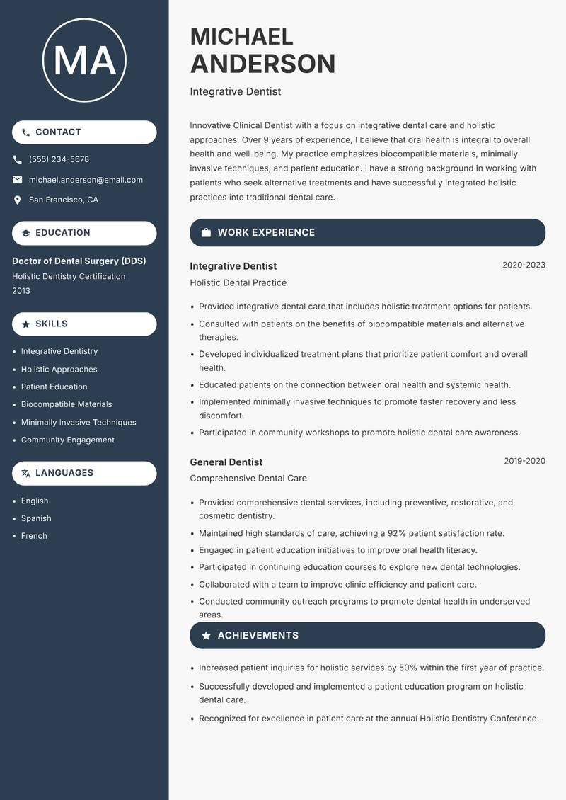 Clinical Dentist resume template — Compact