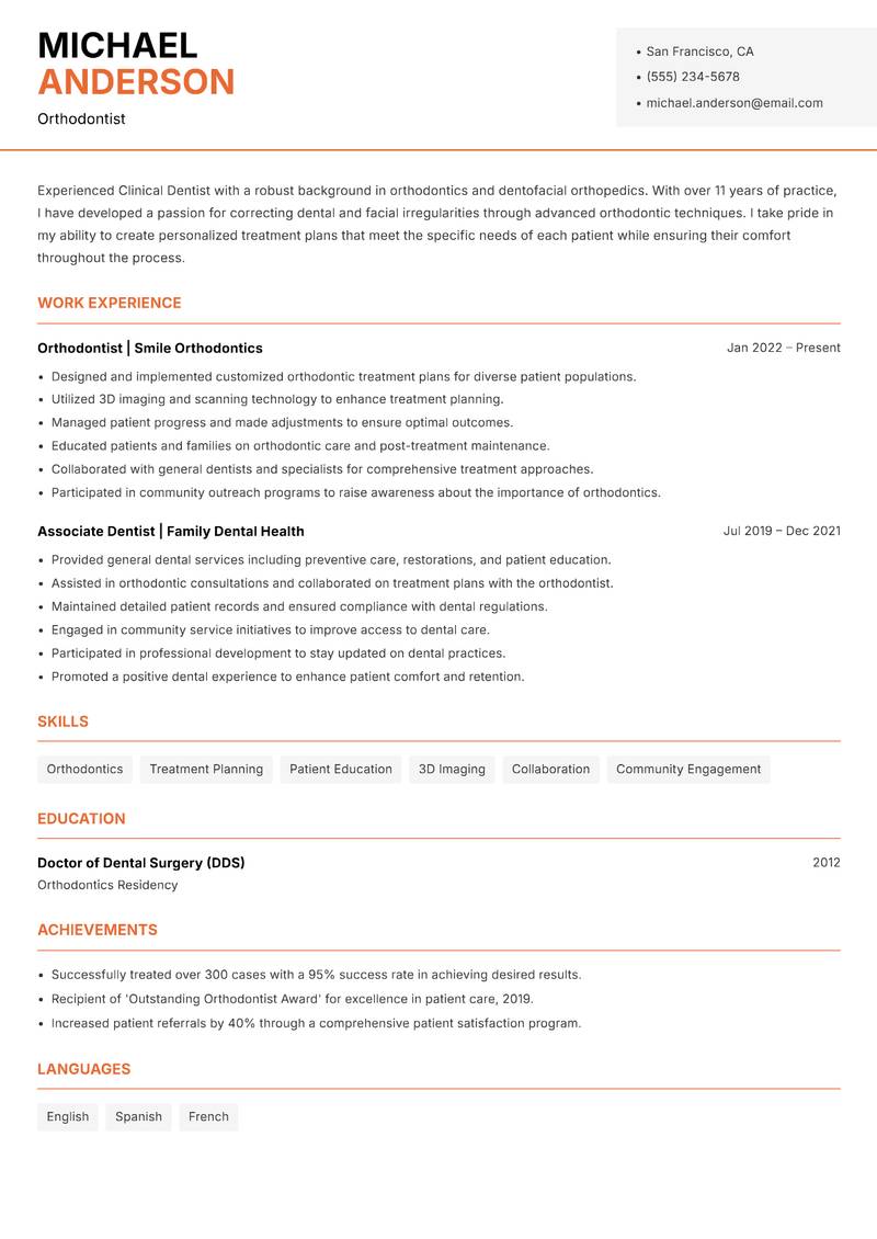 Clinical Dentist resume template — Modern Professional