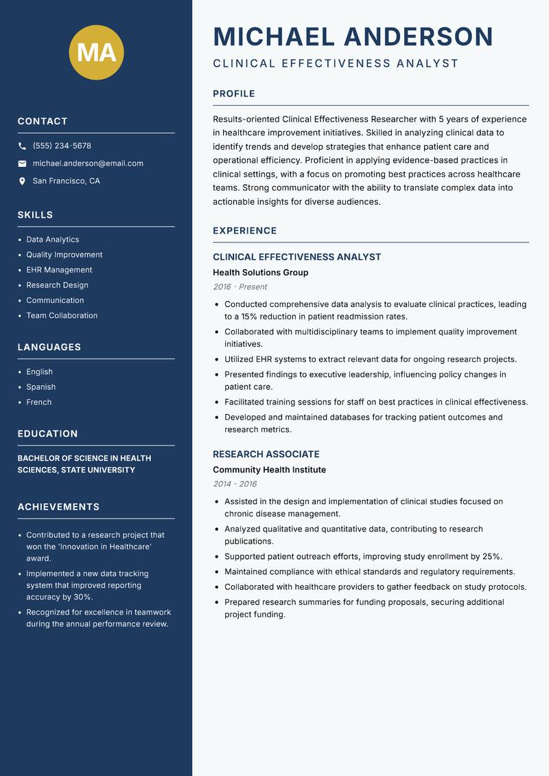Clinical Effectiveness Researcher resume template — Classic Clean