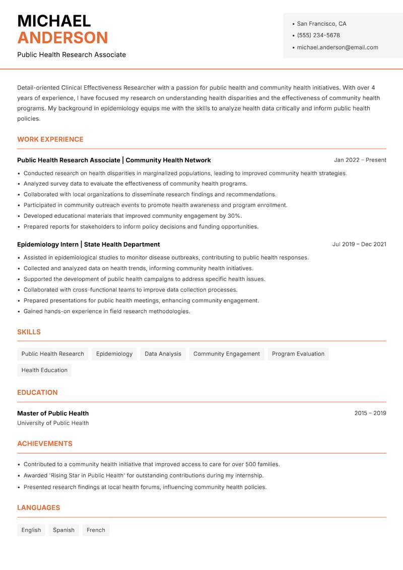 Clinical Effectiveness Researcher resume template — Modern Professional
