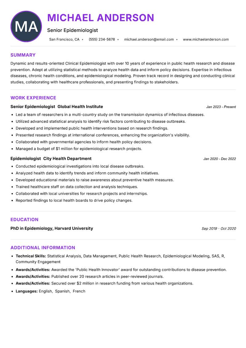 Clinical Epidemiologist resume example — ATS-friendly template