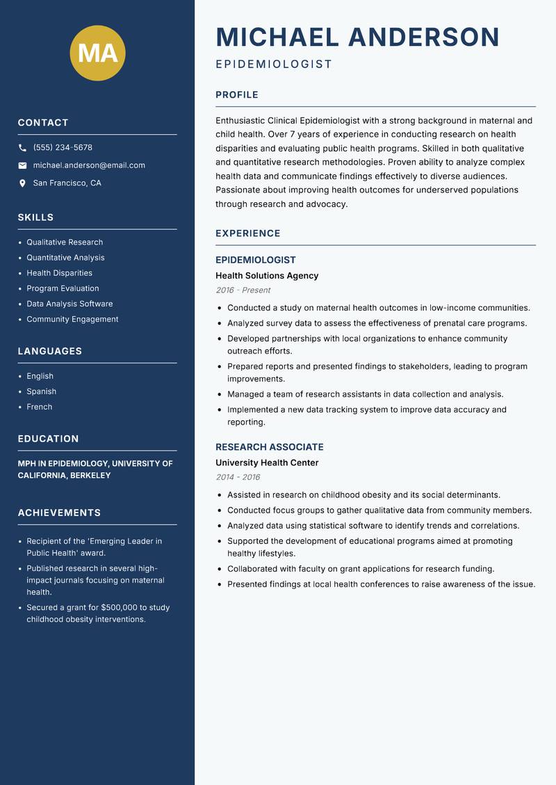 Clinical Epidemiologist resume template — Classic Clean