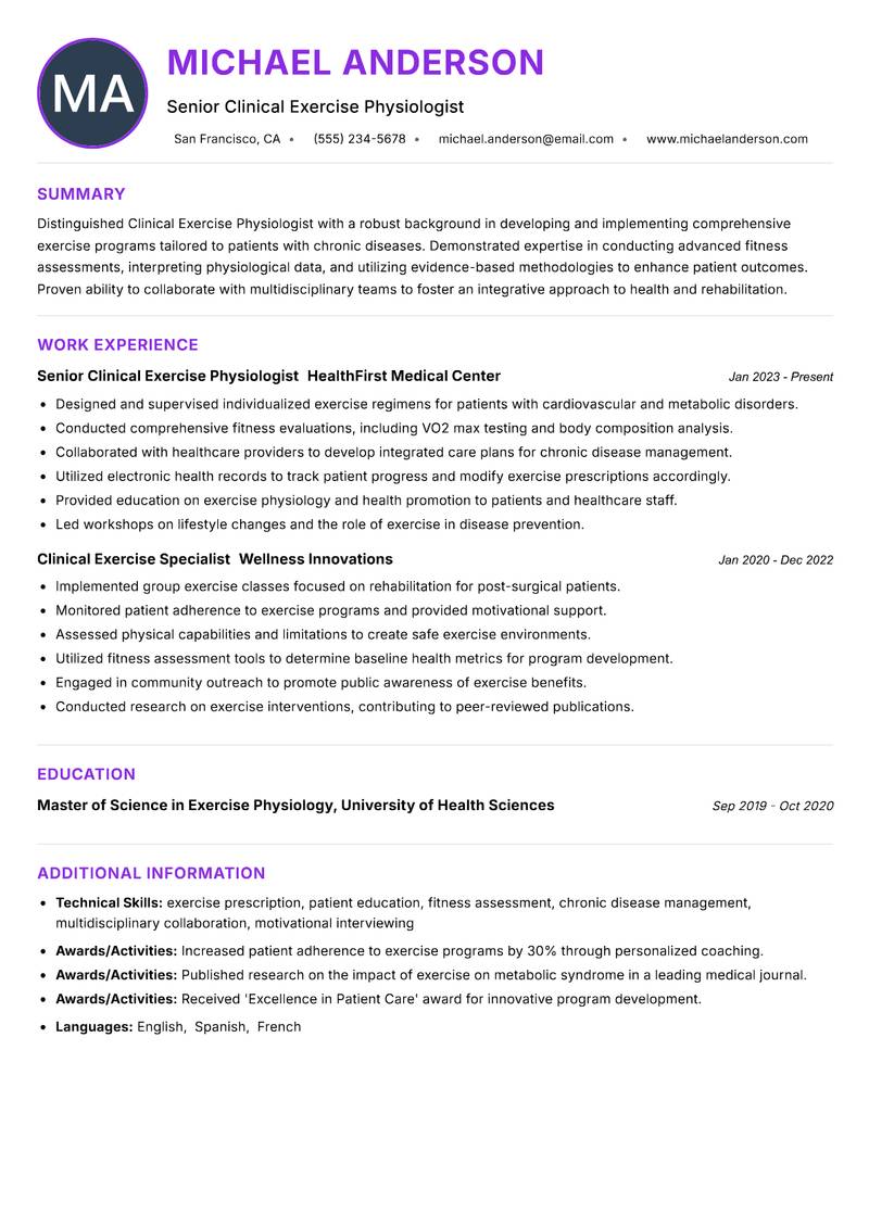 Clinical Exercise Physiologist resume example — ATS-friendly template