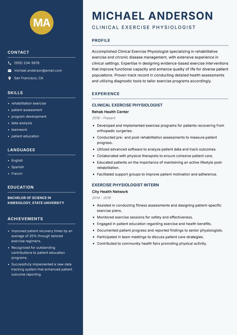 Clinical Exercise Physiologist resume template — Classic Clean