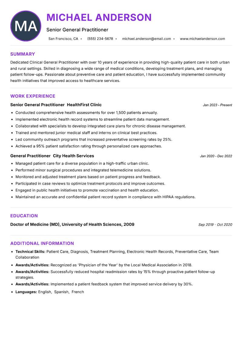 Clinical General Practitioner resume example — ATS-friendly template
