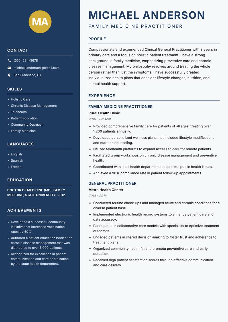 Clinical General Practitioner resume template — Classic Clean
