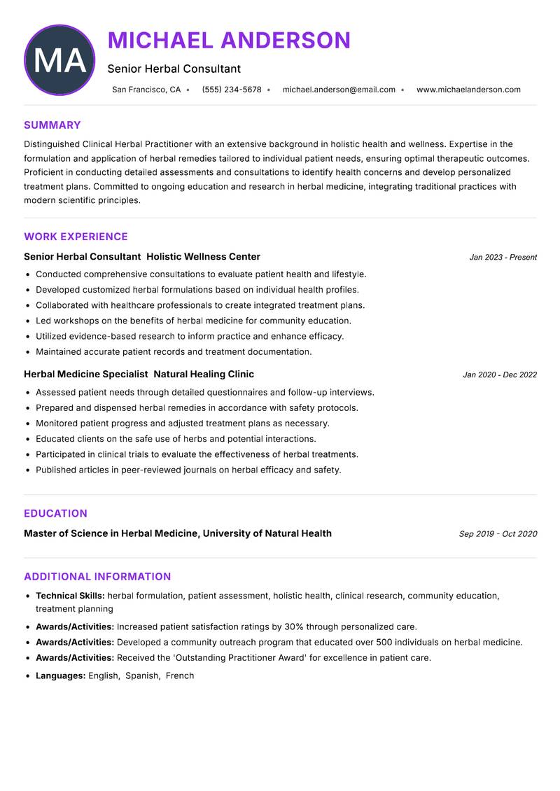 Clinical Herbal Practitioner resume example — ATS-friendly template