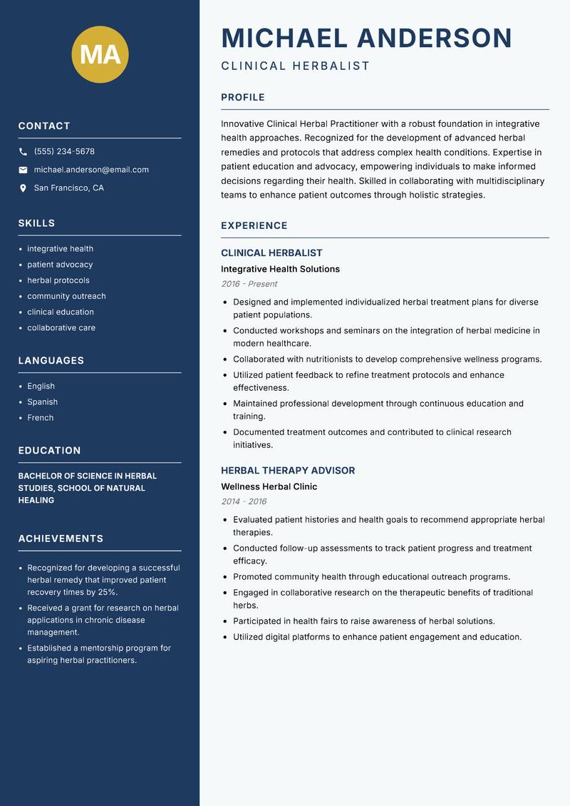 Clinical Herbal Practitioner resume template — Classic Clean
