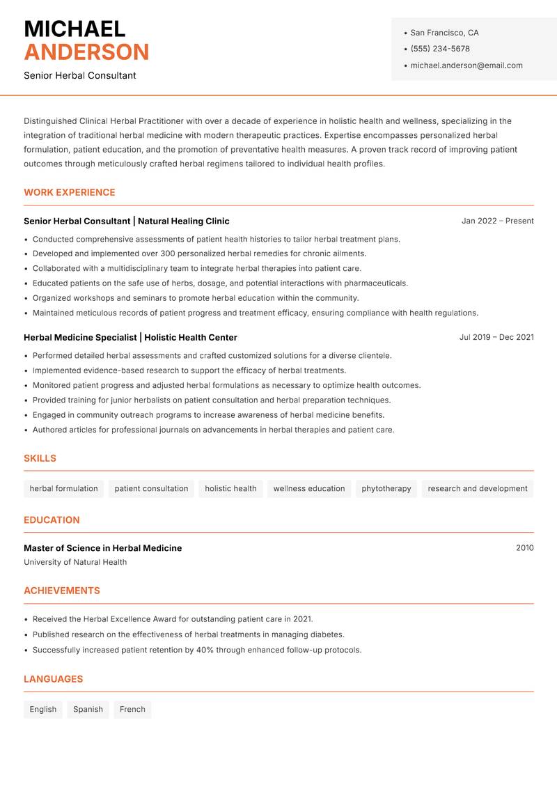Clinical Herbal Practitioner resume template — Modern Professional