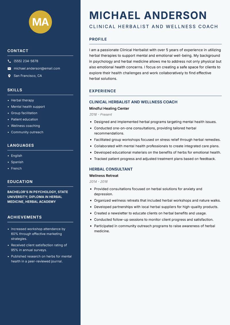 Clinical Herbalist resume template — Classic Clean