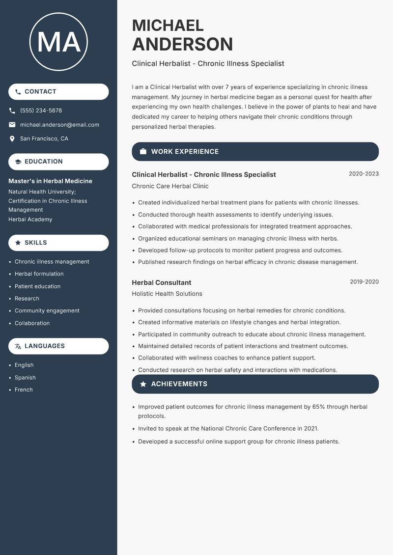Clinical Herbalist resume template — Compact