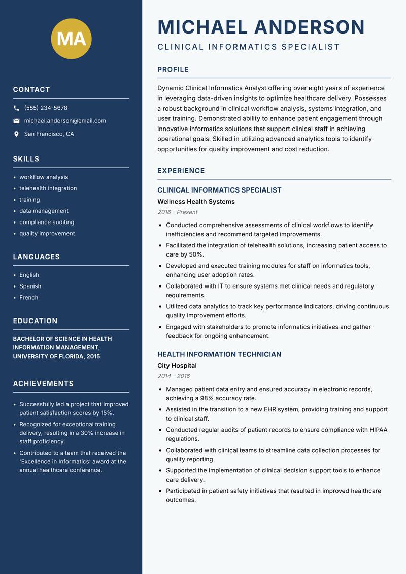 Clinical Informatics Analyst resume template — Classic Clean