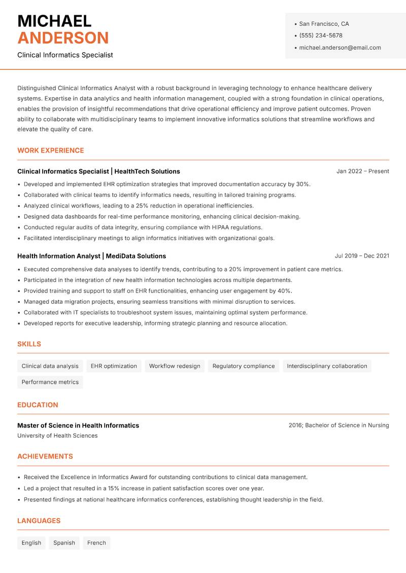 Clinical Informatics Analyst resume template — Modern Professional