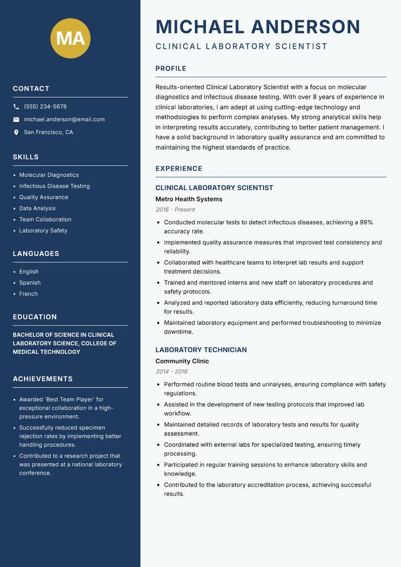 Clinical Laboratory Scientist resume template — Classic Clean