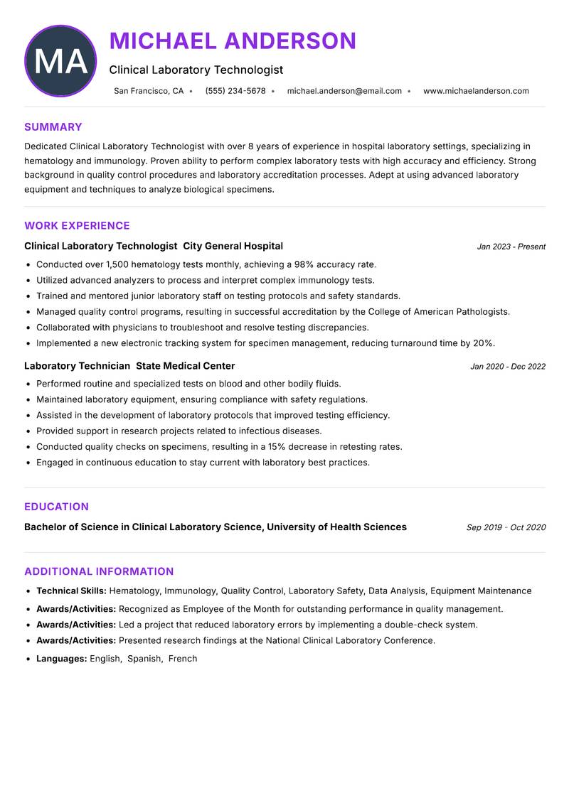 Clinical Laboratory Technologist resume example — ATS-friendly template