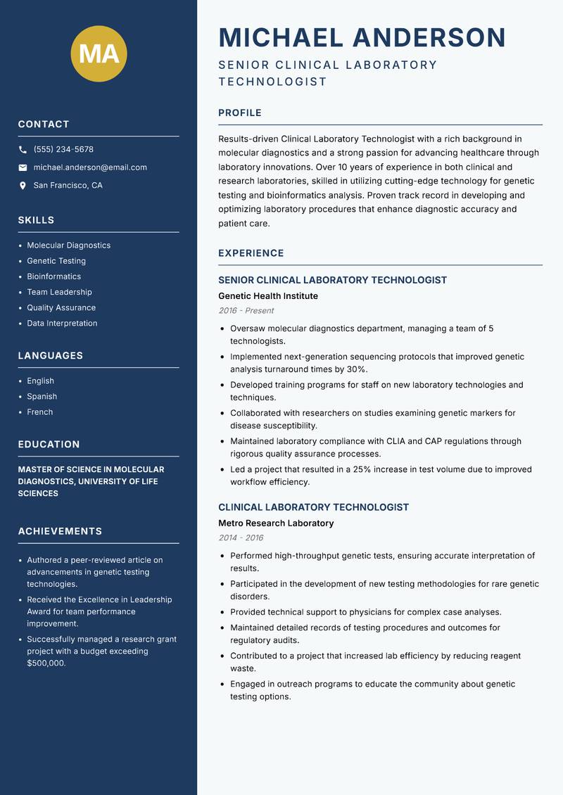 Clinical Laboratory Technologist resume template — Classic Clean