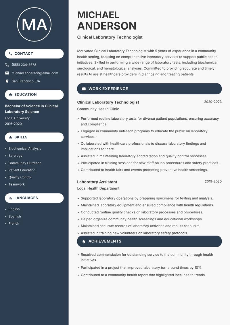 Clinical Laboratory Technologist resume template — Compact