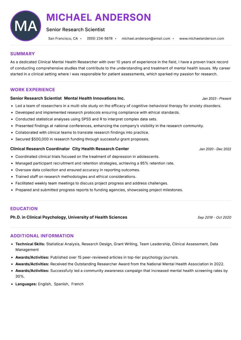 Clinical Mental Health Researcher resume example — ATS-friendly template