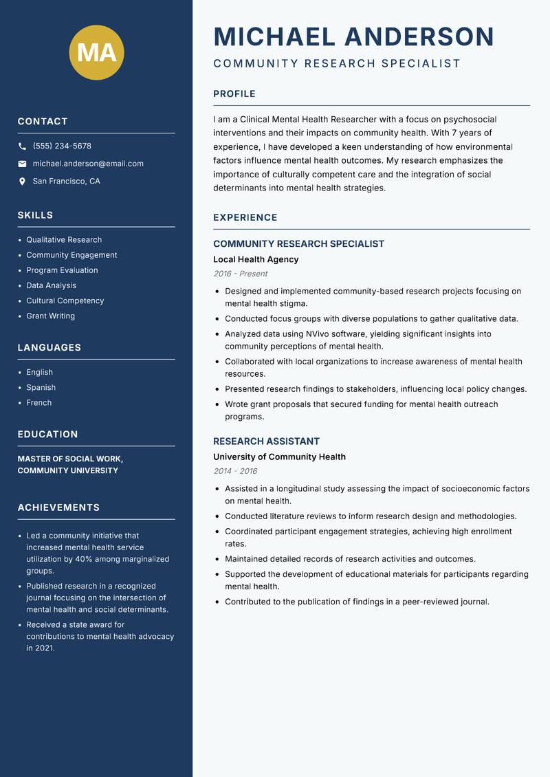 Clinical Mental Health Researcher resume template — Classic Clean