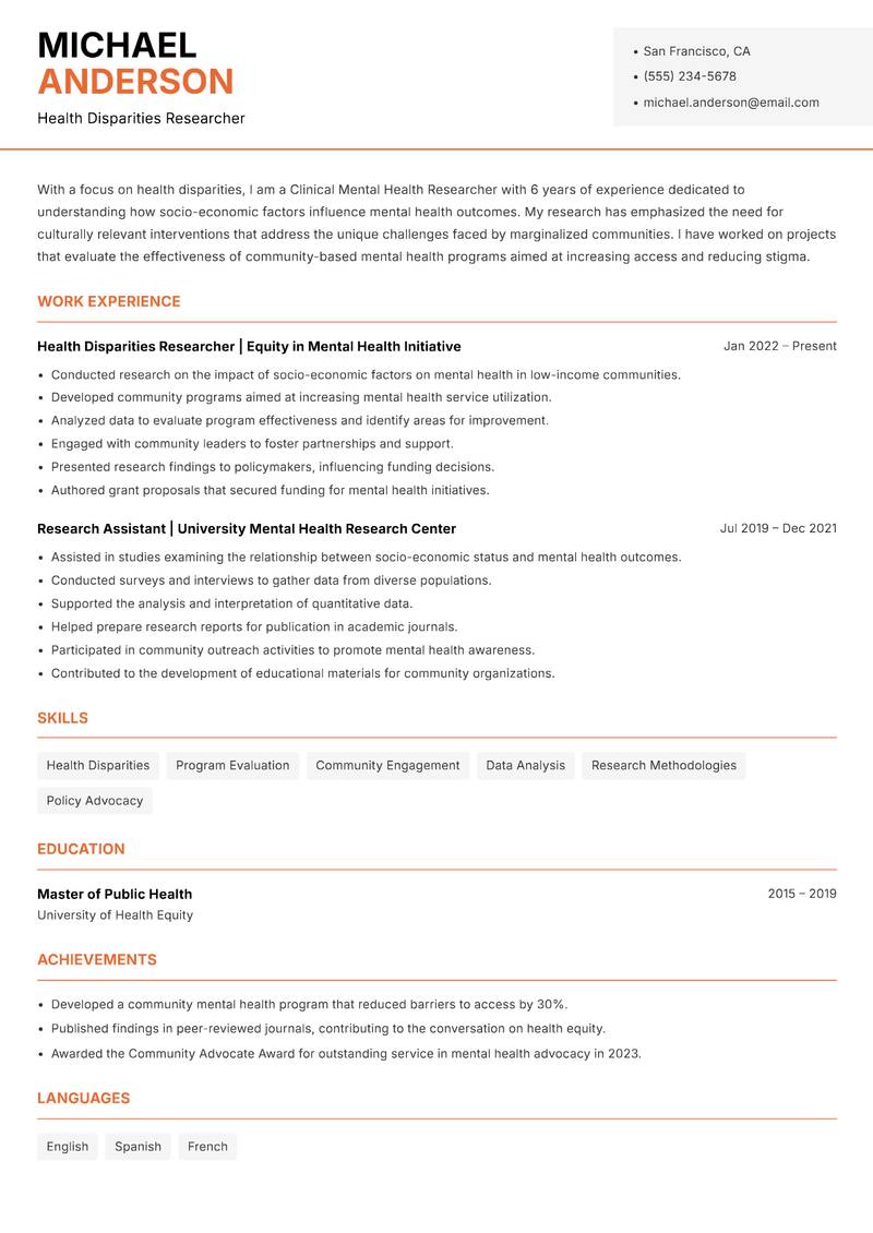 Clinical Mental Health Researcher resume template — Modern Professional