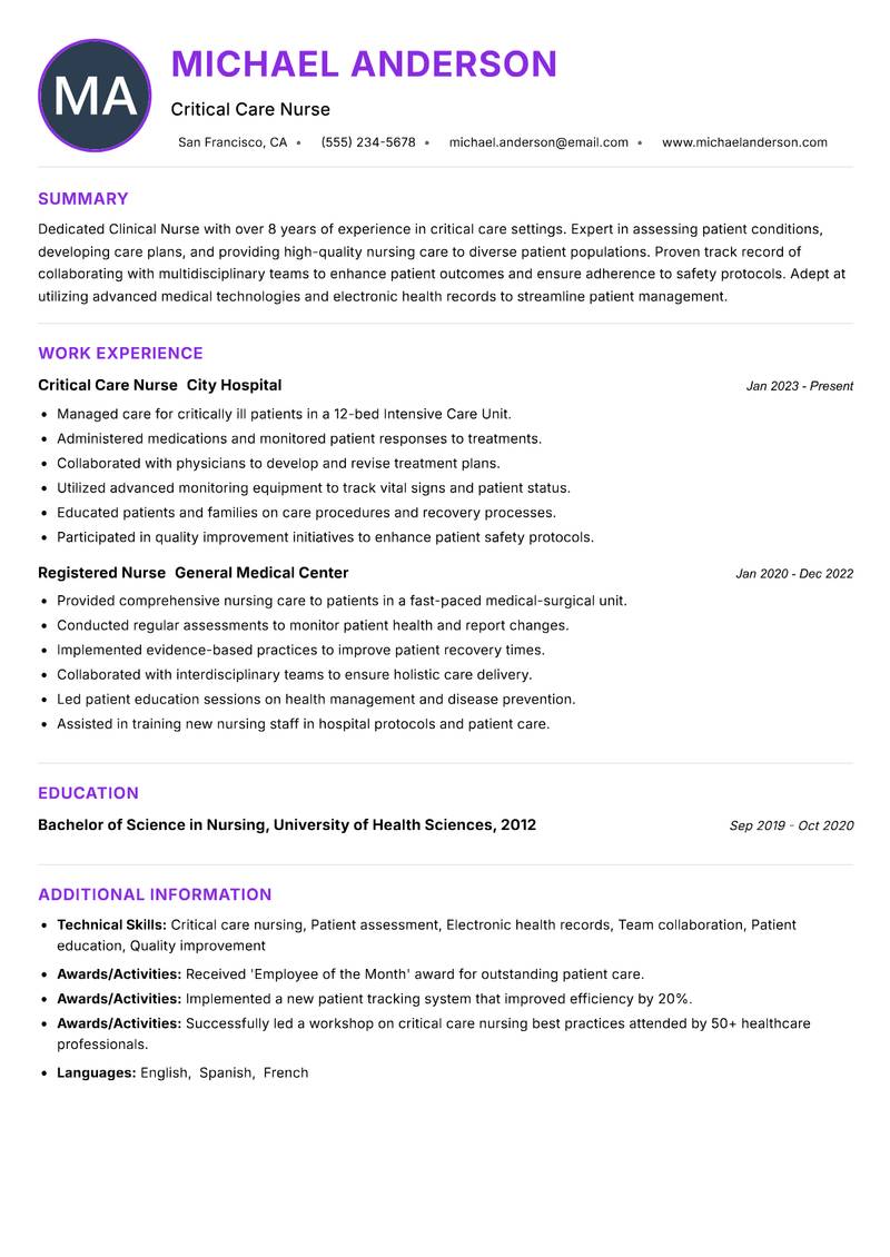 Clinical Nurse resume example — ATS-friendly template