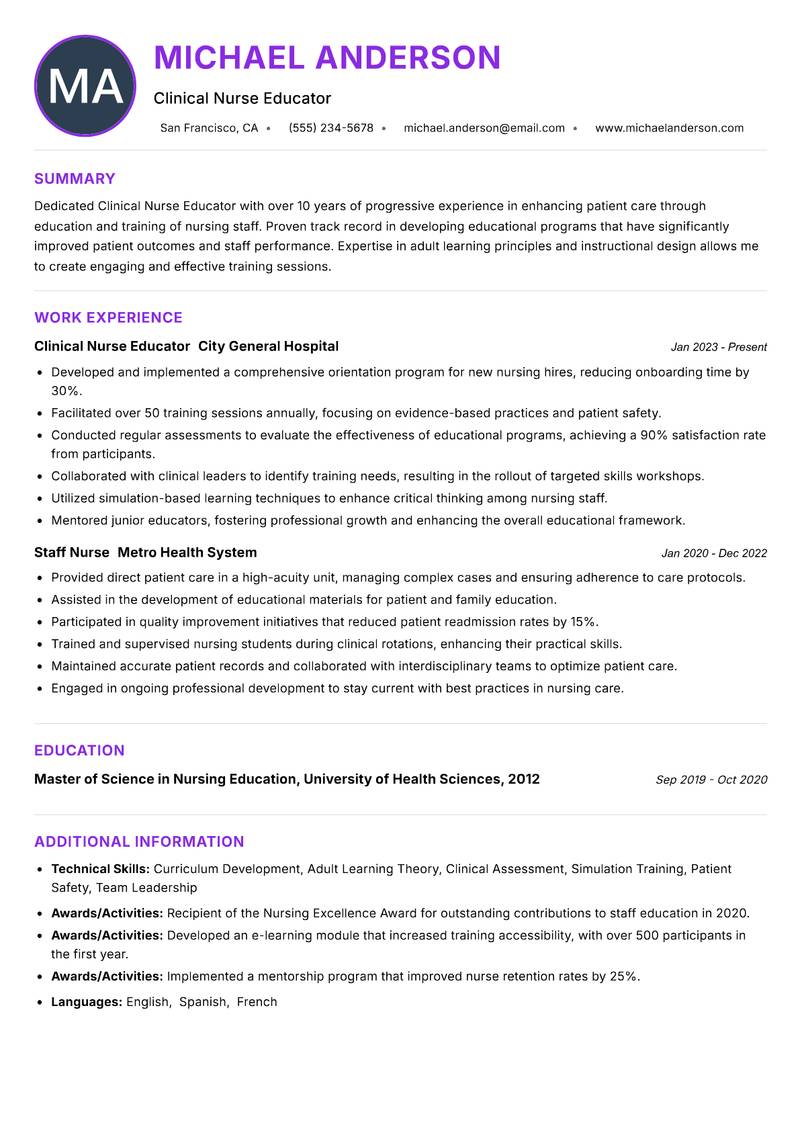 Clinical Nurse Educator resume example — ATS-friendly template