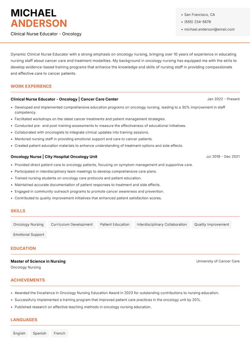 Clinical Nurse Educator resume template — Modern Professional