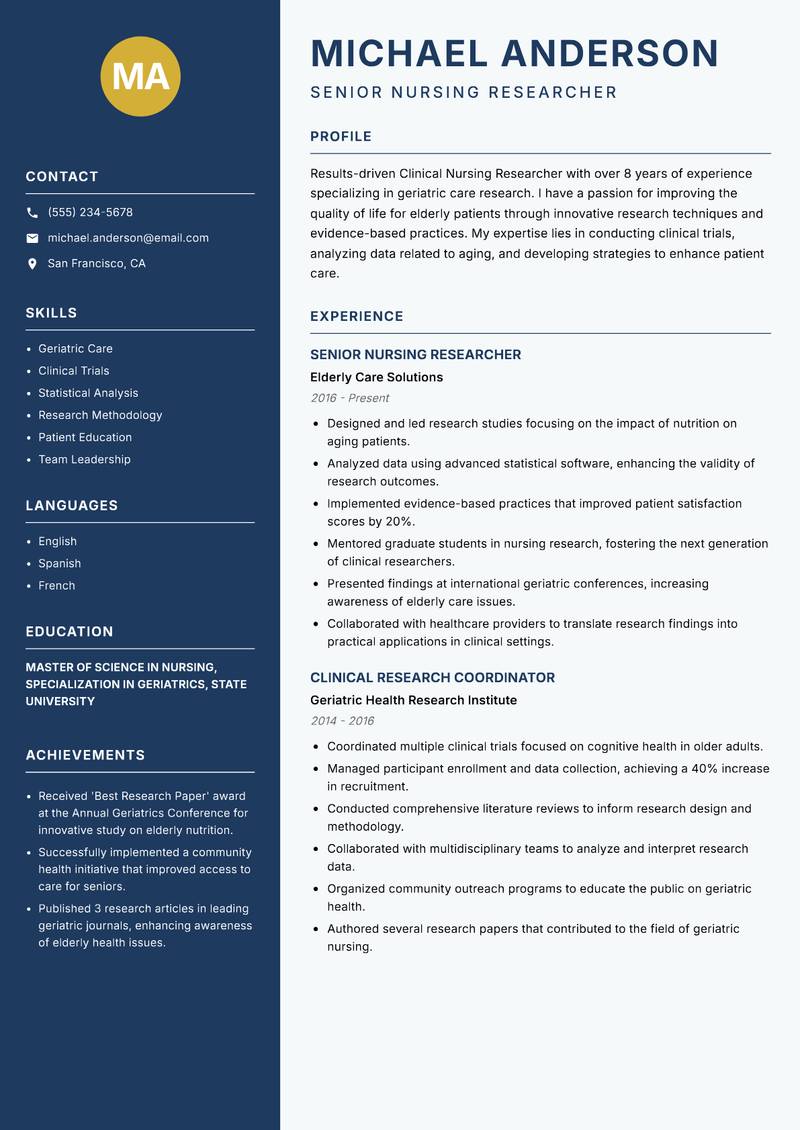 Clinical Nursing Researcher resume template — Classic Clean