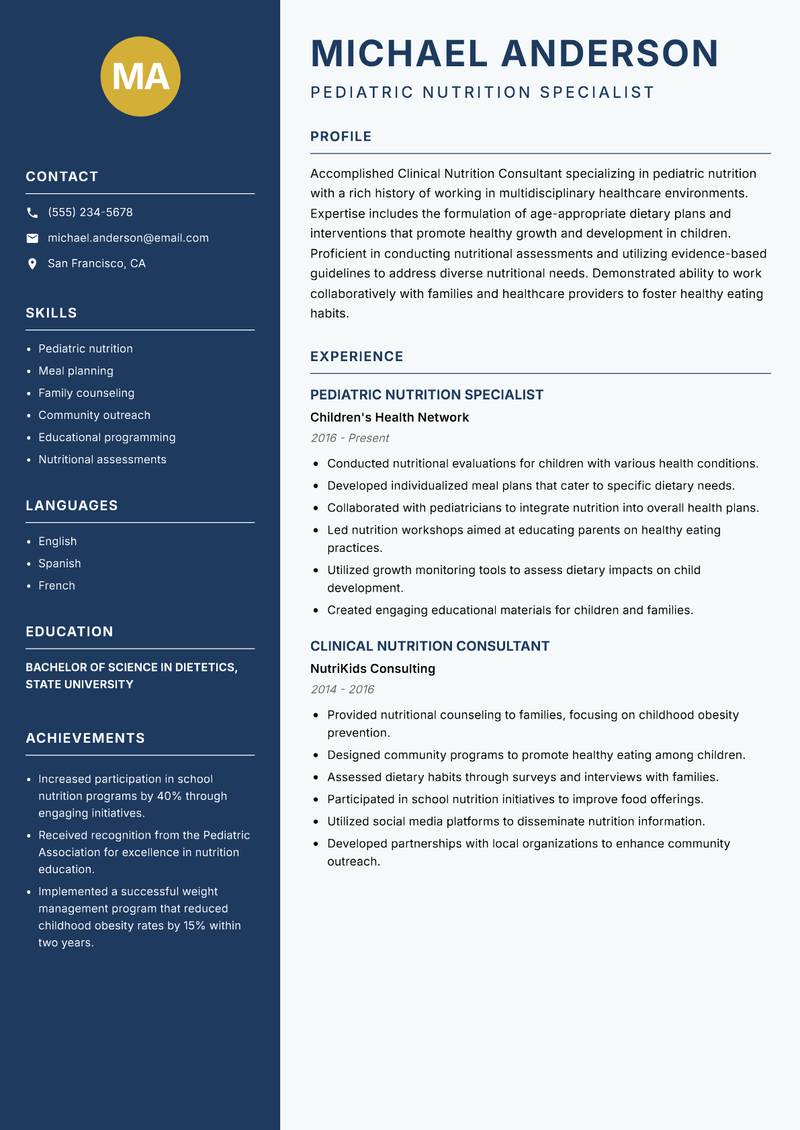 Clinical Nutrition Consultant resume template — Classic Clean