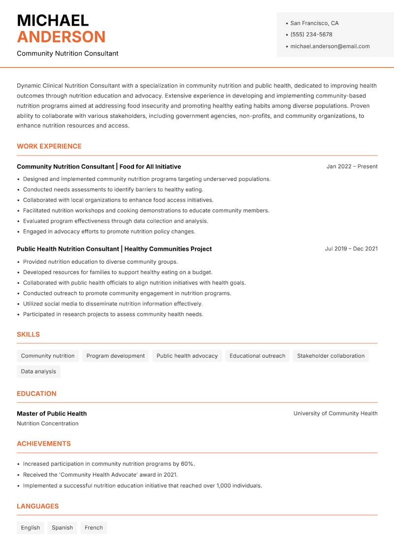 Clinical Nutrition Consultant resume template — Modern Professional