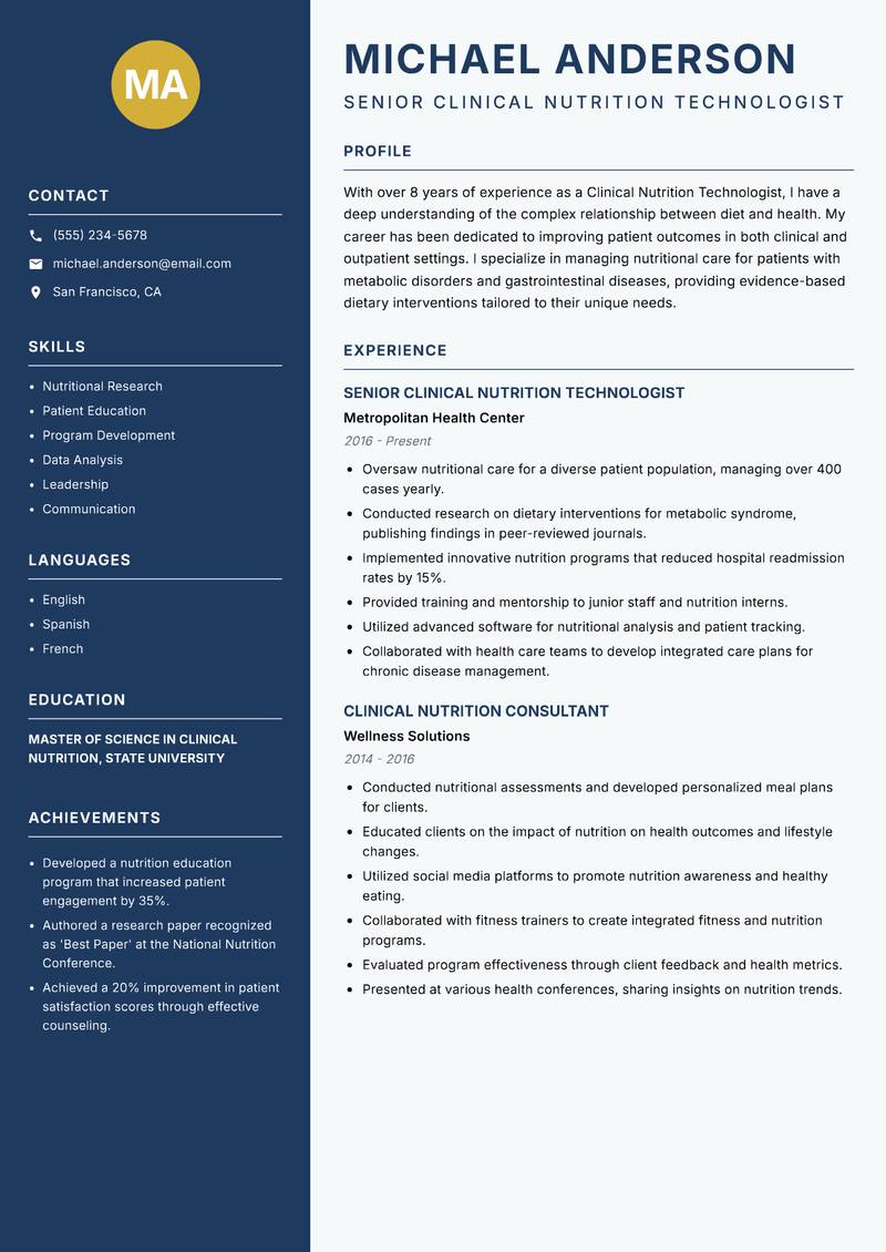 Clinical Nutrition Technologist resume template — Classic Clean