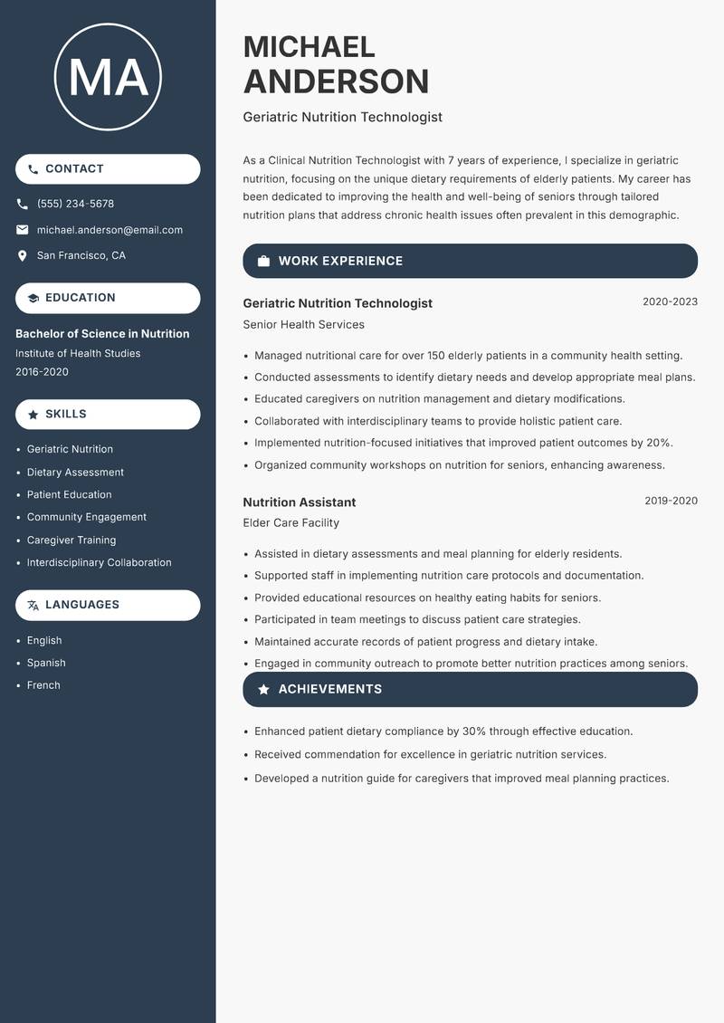 Clinical Nutrition Technologist resume template — Compact