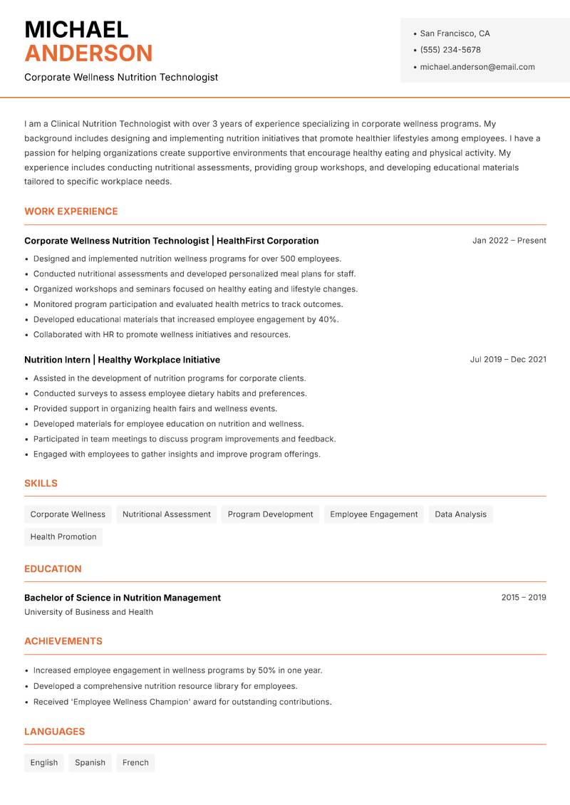 Clinical Nutrition Technologist resume template — Modern Professional