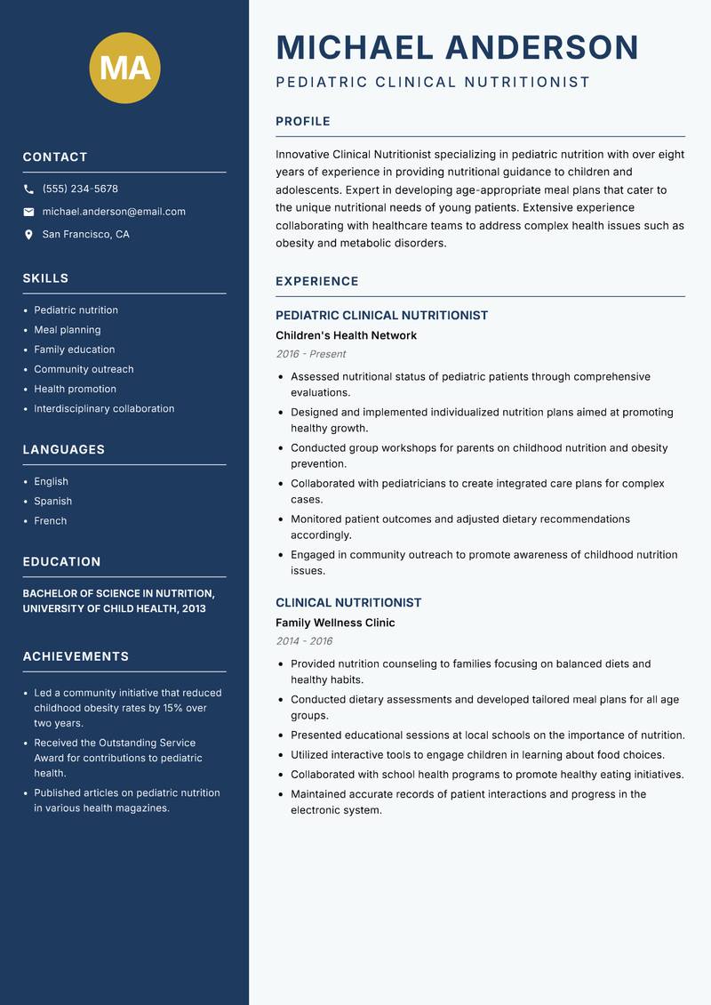Clinical Nutritionist resume template — Classic Clean